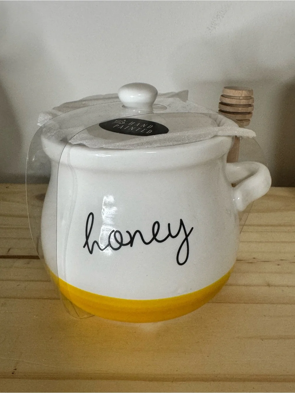 Hand-Painted Ceramic Honey Jar with Lid & Dipper — White with Yellow Accent